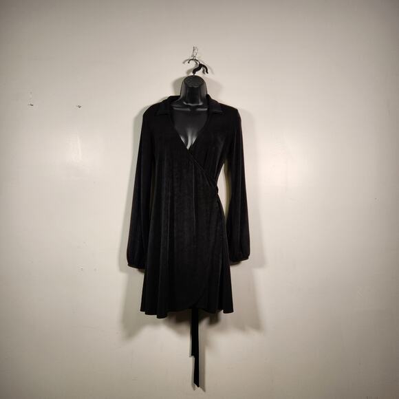 WILD FABLE Faux Wrap Mini Dress Womens S Black Slinky Knit LS Retro 70s Inspired - Picture 1 of 12
